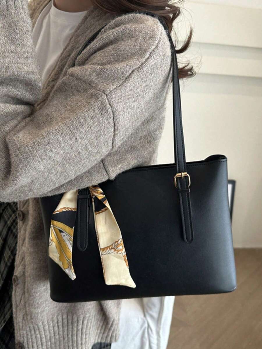 New Luxury Solid Color High-End Versatile Women Shoulder Tote Bag - Black - View 1