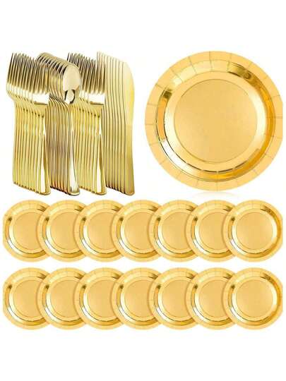 20/25/50/75/100/150pcs Gold Disposable Dinnerware Set, Includes Cake/Salad Forks, Spoons, 7" And 9" Gold Foil Rimmed Paper Plates, Reusable And Washable, Suitable For Home, Restaurant, Wedding, Birthday, Party, Halloween, Christmas