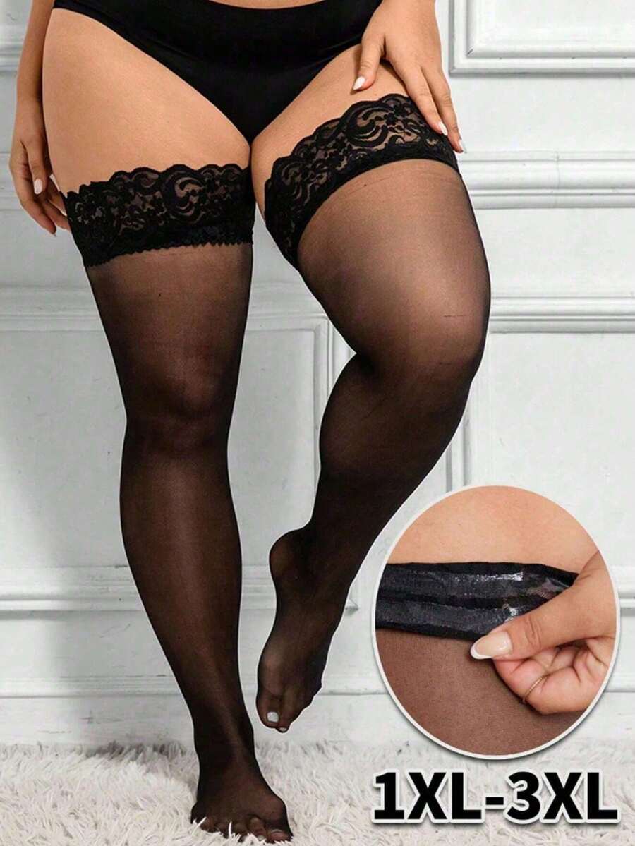 1 Pair Contrast Floral Lace Stockings, Sheer & Snag-Resistant, Durable Silk-Like Black Hosiery, Perfect Bare Leg Choice For Women In Summer - Black - View 1