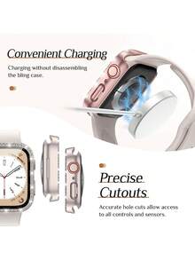 1pc Unisex Shiny Rhinestone Decorated Fashionable Scratch-Resistant 2-In-1 Ultra-Thin Tempered Glass Screen Protector & Watch Case, Compatible With Apple Watch 38/40/41/42/44/45/46/49mm, Suitable For Apple Watch Series Ultra/SE/11/10/9/8/7/6/5/4/3/2/1, Smart Watch Accessory - Rose Pink - View 5