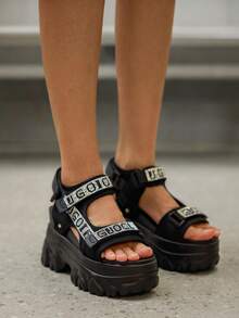 DareSee Sommer neue Mode Strass Damen Plateau High Heel Schwarze Sandalen, atmungsaktiver Mesh-Stoff vielseitig leicht wasserdicht Keilabsatz Offene Zehe Klettverschluss Sandalen Weihnachtsgeschenke