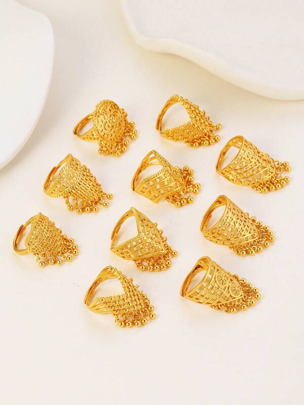 1pc Fashionable Hollow Floral Beaded Tassel Adjustable Ring For Women, Suitable For Party, Gift, Daily Wear