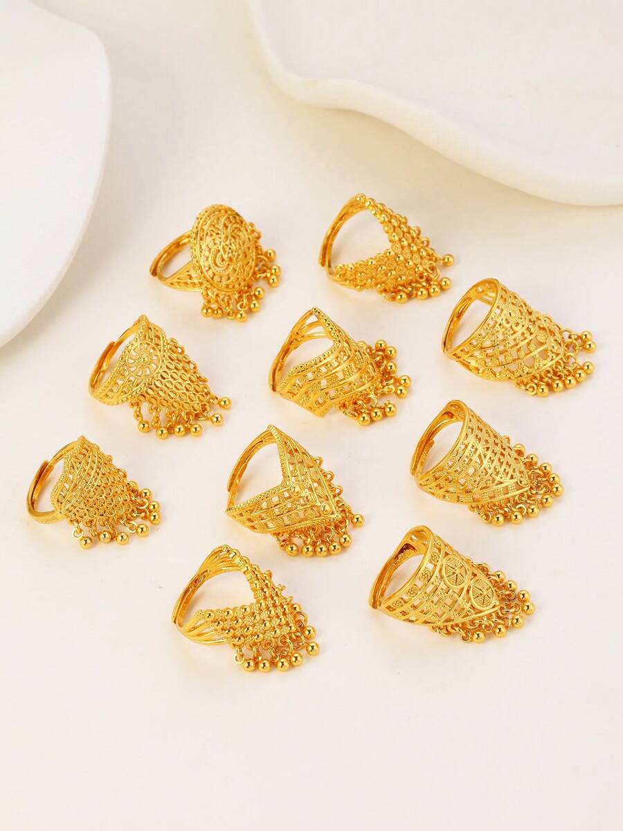 1pc Fashionable Hollow Floral Beaded Tassel Adjustable Ring For Women, Suitable For Party, Gift, Daily Wear