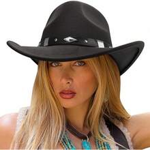 Classic Western Felt Cowboy Hat With Wide Brim For Outdoor Use - 1 Pack Style 4: Black With Belt Buckle - View 2