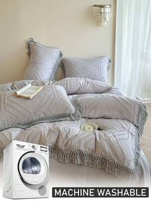 2/3 件浅灰色几何图案簇绒纹理涤纶羽绒被套套装带流苏，波西米亚风破旧别致床上用品套装适合所有季节使用大号双人床，柔软，透气，可机洗（1 个羽绒被套 + 1/2 个枕套，无填充物） - 灰色 - 查看 8