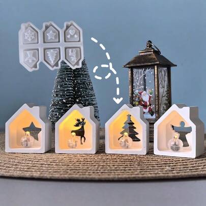DIY Resin Mold 6-Cavity Hollow House Decor Mold, Home Decoration Candle Holder, Epoxy Resin, Plaster, Silicone Mold