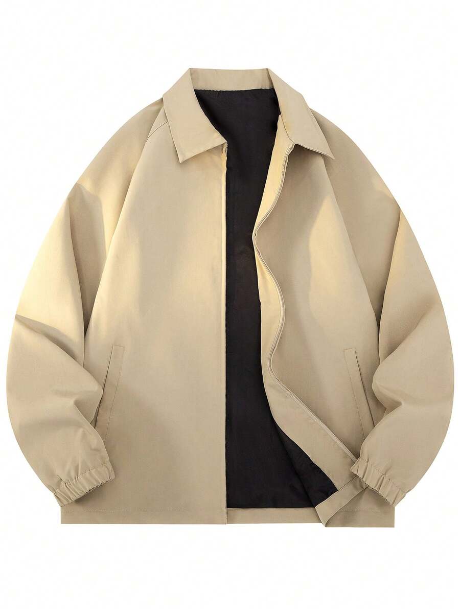 1 件卡其色纯色春秋男士夹克，翻领，袖口抽绳，拉链开合，简约插肩袖男士夹克 - 卡其色 - 查看 1