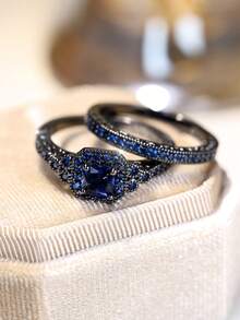 A Set Of Fashionable Elegant Black & Sapphire Blue Shining Jewelry Gifts For Women, Suitable For Dating, Engagement Or Wedding, Including A Ring - Royal Blue - View 13