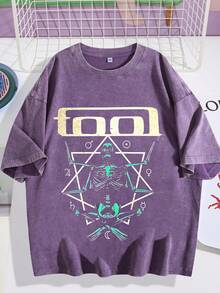 EWH Rock Tool Band Theme, Men's Washed T-Shirt, Skull Mysterious Symbol Print, Vintage Loose Short Sleeved ShirtDG004 - Màu tím - Xem 1