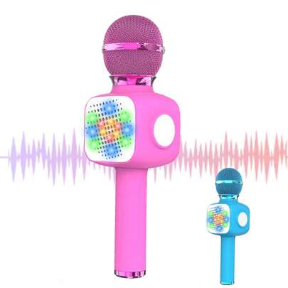 儿童无线卡拉 OK 麦克风，便携式手持卡拉 OK 麦克风扬声器播放器录音机，带可调节混音 FM 收音机，适合儿童、男孩、女孩、青少年生日