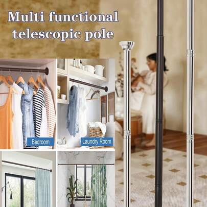 1 thanh treo rèm tắm siêu dài bằng thép không gỉ, đường kính 2.5cm, màu đen/bạc, dùng để treo rèm trong tủ quần áo, thanh treo có thể thu gọn, dây phơi quần áo, không cần khoan, chất liệu thép không gỉ, dễ lắp đặt, đa chức năng dùng cho phòng tắm, cửa sổ, xe RV, phòng khách, phòng ngủ.