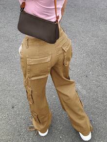 Low Waisted Denim Pants For Women - Mid Waist Loose Fit Work Pants With Drawstring Hem And Multiple Pockets, Casual Work Pants Suitable For Daily Wear - 卡其色 - 查看 6