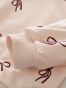 秋季衣服套装年轻女孩长袖蝴蝶结印花毛衣上衣和休闲裤两件套春季服装 - 米色 - 查看 4