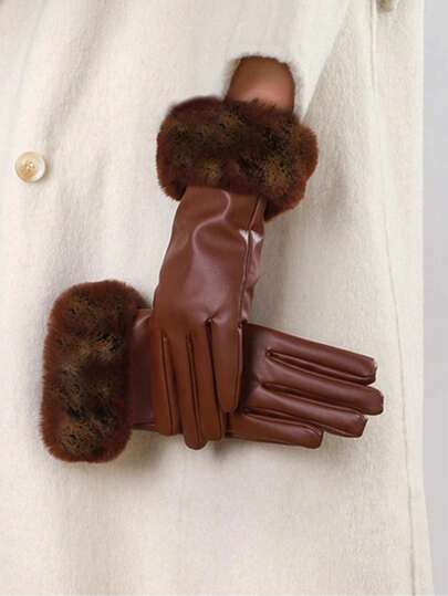 Clariva 1 Pair Solid Color Casual Elegant PU Leather Full Finger Touchscreen Gloves, Everyday Stylish Warm Cycling Gloves, Faux Leather Gloves For Women With Thermal Lining Christmas Gifts