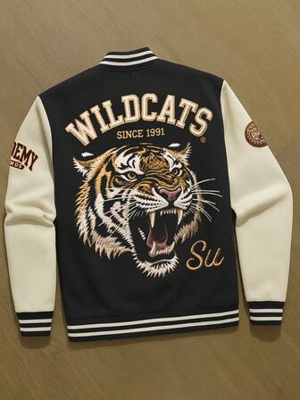 [Faux Embroidery]Men's Baseball Jacket – Black & Apricot Colorblock Varsity Coat – "WILDCATS" Tiger Head Graphic With "SINCE 1991" & "ACADEMY" – Vintage Retro Old-School Sports SWAG Streetwear Outerwear – Light Thermal Lined Winter Jacket – Gift For Boyfriend Son Husband Dad