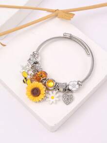 1 pieza Pulsera elegante y femenina con encanto de girasol y abeja con rhinestones - Acero inoxidable, adecuada para fiestas, bailes y decoraciones casuales