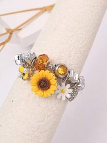 1 pieza Pulsera elegante y femenina con encanto de girasol y abeja con rhinestones - Acero inoxidable, adecuada para fiestas, bailes y decoraciones casuales