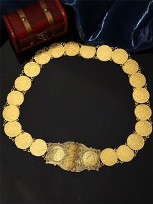 一件女士阿拉伯风格长袍，配金色腰带，土耳其硬币形状，宫廷风格，镂空雕刻腰带扣，珠宝腰链，适合女士婚礼、节日、派对等场合，长度可调节 - 彩色 - 查看 4