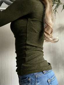 GAOVOT 女士 T 恤 Y2K 春夏性感休闲纯色蕾丝方领针织长袖上衣 - 軍綠色 - 查看 6