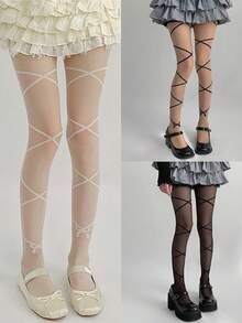 1 双乳白色条纹缎带系带透明女式长筒袜，可爱蝴蝶结图案，蕾丝拼布透明紧身裤，性感交叉带腿套，适合秋冬季