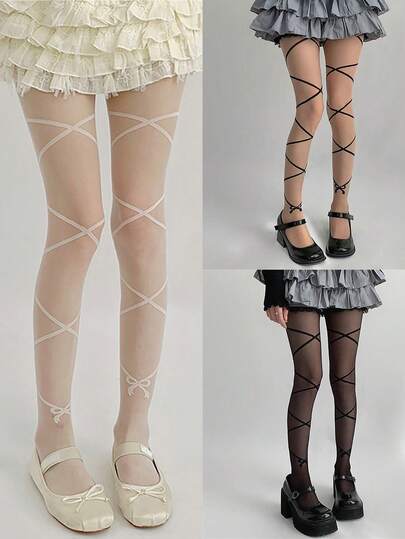 1 双乳白色条纹缎带系带透明女式长筒袜，可爱蝴蝶结图案，蕾丝拼布透明紧身裤，性感交叉带腿套，适合秋冬季