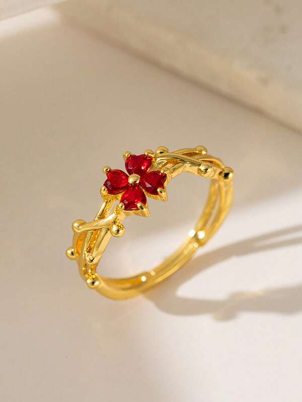 1pc Stainless Steel Four-Leaf Clover Zirconia Open Ring, Delicate Niche High-End Everyday Ring For Women, Gift For Friends, Christmas Gift