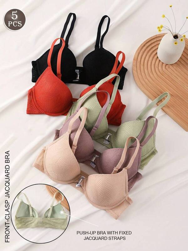 5 Packs Women's Ribbed Underwire Bras, Front-Clasp Push-Up Bras For Adults