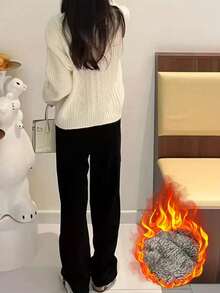 复古图案印花抽绳裤黑色冬季款 - 黑色 - 查看 3