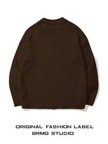 男士罗纹高领毛衣，休闲宽松套头针织衫，适合秋冬季节，长袖上衣 - 棕色 - 查看 3