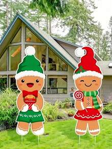 2个姜饼人，圣诞节户外装饰，可爱姜饼草坪装饰，冬季姜饼花园，新年装饰 - 彩色 - 查看 5