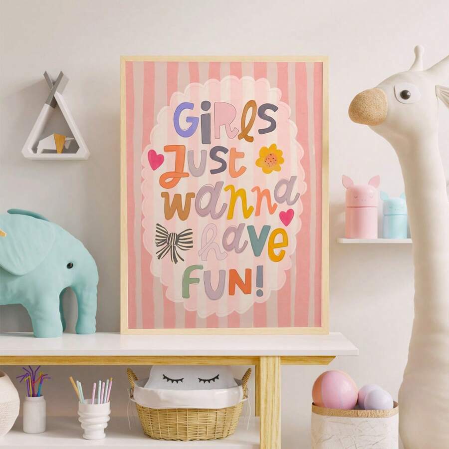 1幅带框帆布墙画，儿童房装饰，“女孩只想玩得开心”励志名言画，彩虹艺术，波西米亚风格，婴儿房/儿童房装饰，孕妇房装饰 - 彩色 - 查看 1