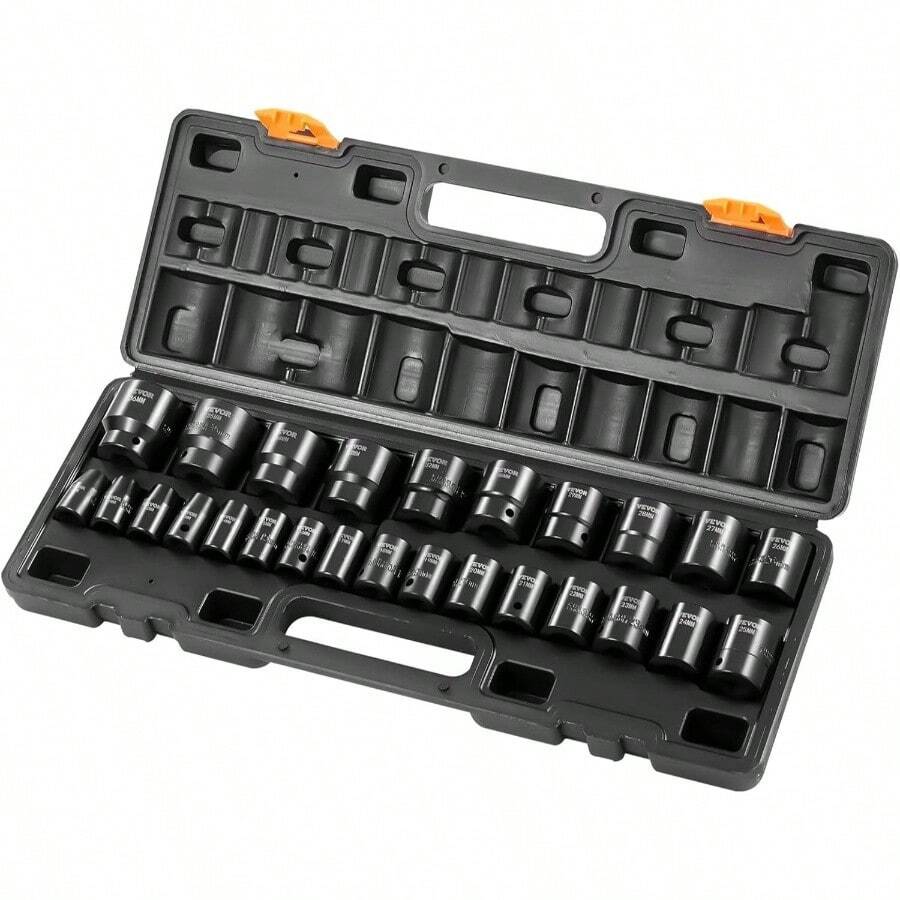 12 Drive Impact Socket Set, 65 Piece SAE 38 To 1 - 14 And Metric 10 - 24mm, 6 Point Alloy Steel Auto Repair, Easy - To - Read Size Markings, Rugged Construction, Storage - 1/2" 26PCS - View 1