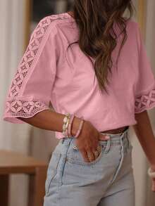 Women's Elegant Solid Color Woven Fabric Hollow Out T-Shirt, Garden & Daily Casual, Ruffle Patchwork, Spring/Summer Pink - Pink - View 5