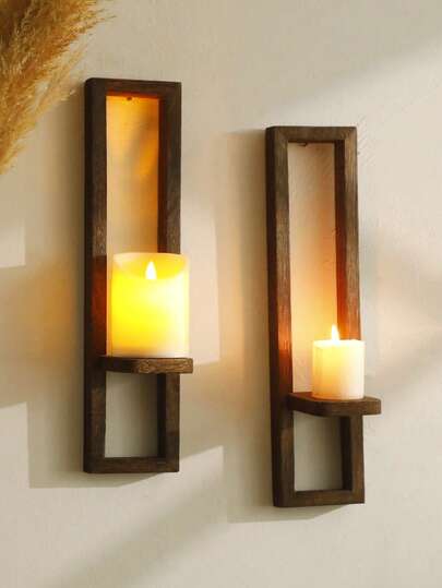 1pc/2pcs Vintage Farmhouse Style Wooden Wall Mounted Shelves, Brown Minimalist Geometric Design, Suitable For Indoor Living Room Wall, Window Sill, Fireplace Mantel, Outdoor Garden Wall (Candles Not Included)