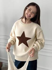 DAZY Tween Girl Star Pattern Crew Neck Sweater, For Everyday Wear In Autumn/Winter - Apricot - View 1
