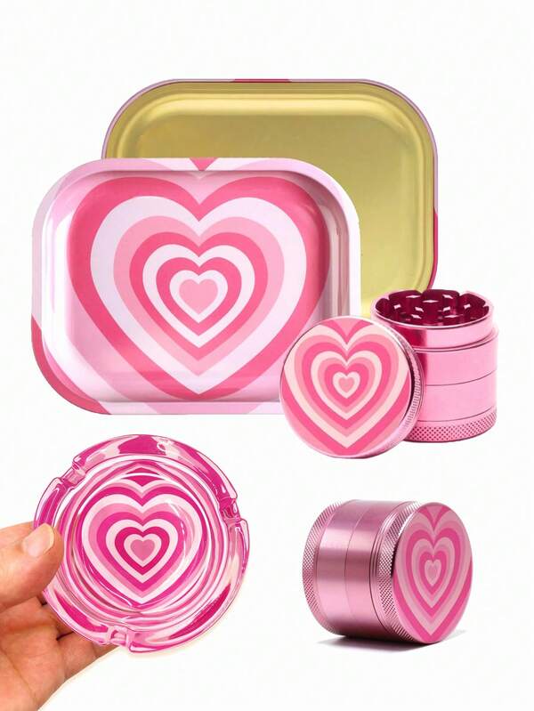 BROS 2pcs Heart Herb Grinder Roling Tray Combo Girly PINK Tobacco Kits Heart Pattern Glass Ashtray, Grinder, Storage Tray For Boyfriend And Girlfriend Birthday Gifts, Christmas Gifts