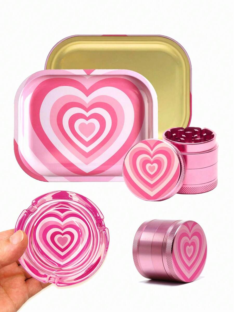BROS 2 件心形香草研磨器卷盘组合少女粉色烟草套装心形图案玻璃烟灰缸、研磨器、储物托盘，适合男朋友和女朋友的生日礼物、圣诞节礼物 - 彩色 - 查看 1