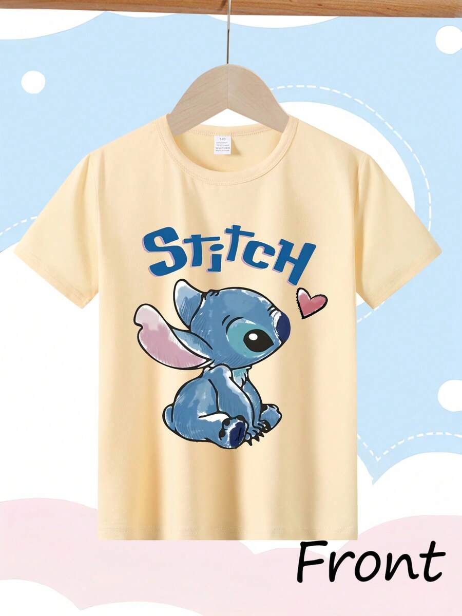 [Authorized]  Stitch Print Girls' Round Neck Summer T-Shirt - Soft Stretch Fabric, Ideal Birthday Gift & Daily Wear For Sports/Travel - 杏色 - 查看 1