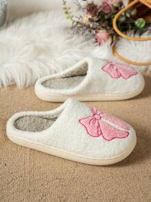Pink Cute Bow Slip-On Women's Slippers Bow Embroidery Indoor Casual Home Wear Footwear - 粉色 - 查看 5