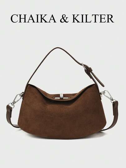 1pc CHAIKA & KILTER Solid Color Suede Fabric Handbag, Women's Retro Fashion Pillow Handbag, Top Handle, Twist Lock Closure, Detachable Adjustable Shoulder Strap, Suitable For Daily And Outdoor Use