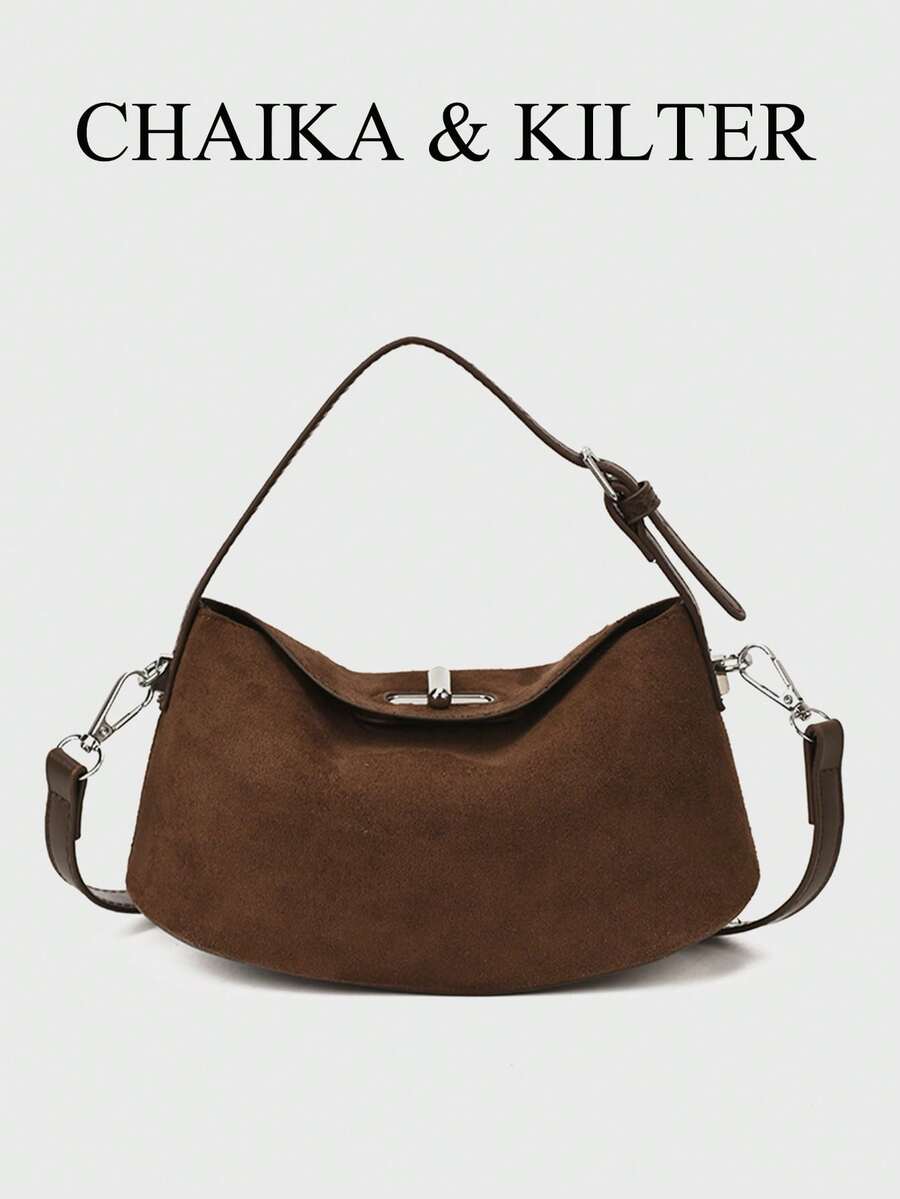 1 件 CHAIKA & KILTER 纯色绒面革手提包，女士复古时尚枕头手提包，顶部提手，扭锁开合，可拆卸可调节肩带，适合日常和户外使用 - 咖啡 - 查看 1