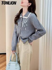 tonlion Tonlion Women's Embroidered Casual Design Turndown Collar Knit Cardigan, Autumn/Winter