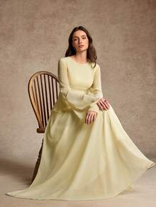 Women's Elegant Flounced Splice Cinched Waist Flare Sleeve Dress, Spring/Summer - Light Yellow - View 4