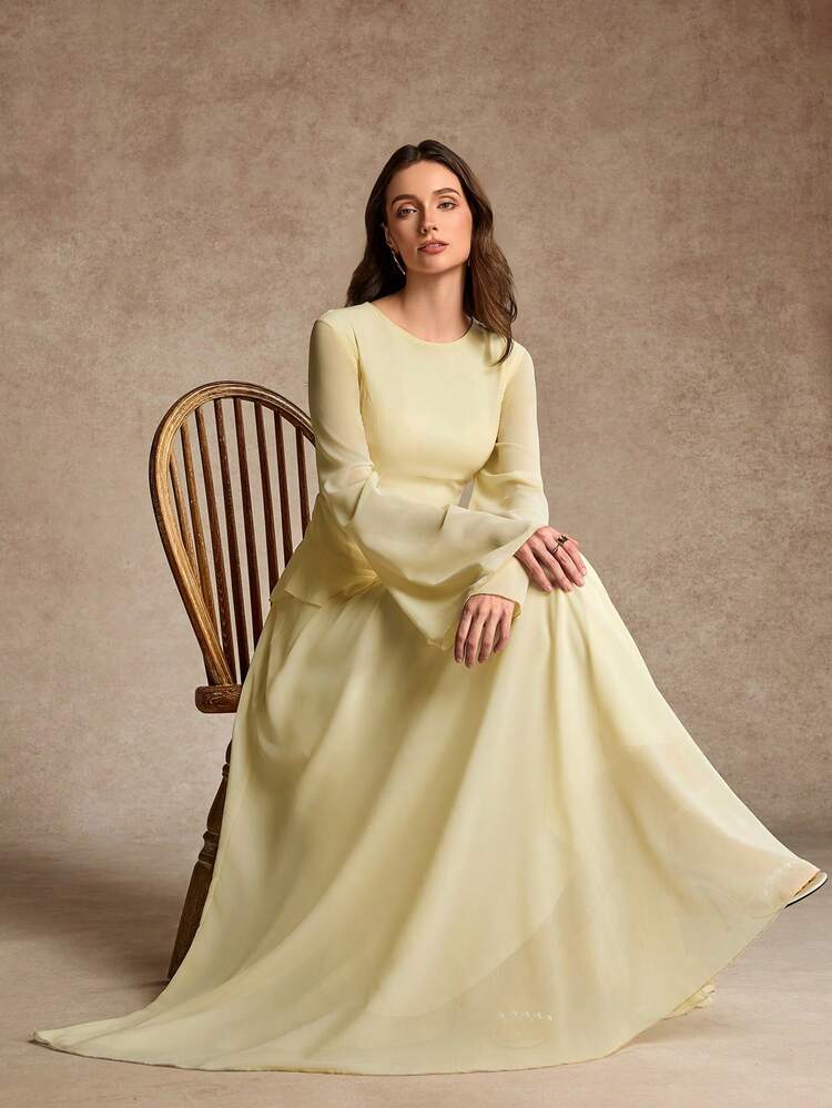 فستان نسائي أنيق بخصر ملتحم وأكمام جرس وذيل واسع، مناسب للربيع والصيف - أصفر فاتح - مشاهدة 4