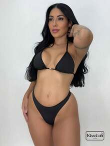 BIKINI SET WITH THONG AND GLIDING CURTAIN WITHOUT PADS - 黑色 - 查看 7