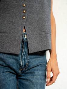 GIGOGOU Chaleco de mujer de cuello redondo, abotonadura sencilla, bolsillo falso, sin mangas, para otoño e invierno, de unicolor, estilo retro, para uso casual y de negocios, chaqueta tipo cárdigan