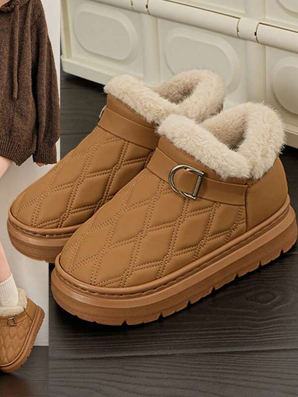 Pantuflas de mujer con estilo preppy a cuadros, forradas de lana, cálidas para otoño e invierno