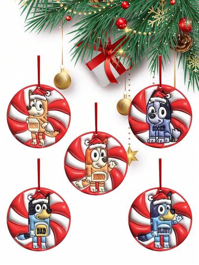 Bluey 5Pcs Cartoon Blueys Christmas Ornaments 2D Plane Acrylic Christmas Tree Decoration Pendant Perfect For Holiday Parties And Home Decor