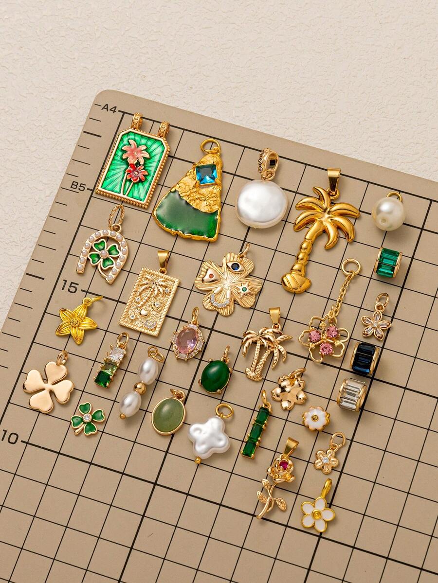 1pc Colorful Fashionable Pearl Lucky Clover Coconut Tree Flower Zirconia Natural Stone Pendant, Plated With 18K Gold, DIY Jewelry Accessories, DIY Necklace Accessories, Bracelet Accessories, Keychain Accessories, Easy To Match, Can Be Worn As An Exquisite Talisman Pendant. - Multicolor - View 1