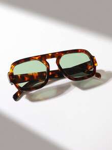 1pc Unisex Tortoise Shell Color Square Frame Double Bridge Pilot Style Fashion Glasses For Vacation Boho Shades Beach Accessories Beach Accessories For Women Glasses Shades Basics Fall Winter Women Outfits Clothes Business Casual Gifts Leopard For Summer Beach Vacation,Outdoor,Travel - 綠色 - 查看 4
